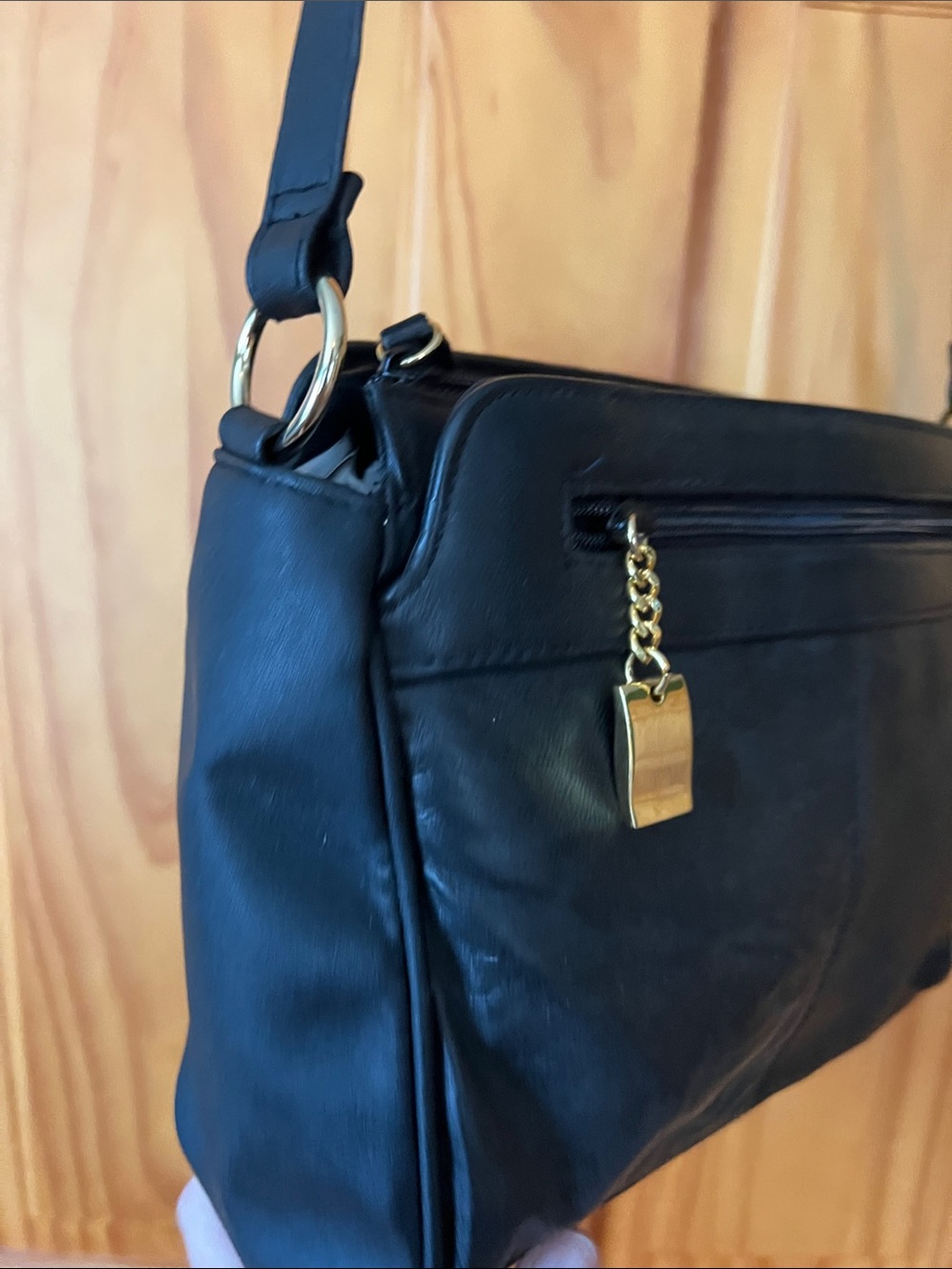 Elegant Black Leather Satchel with Gold Accent - Picture 5 of 16